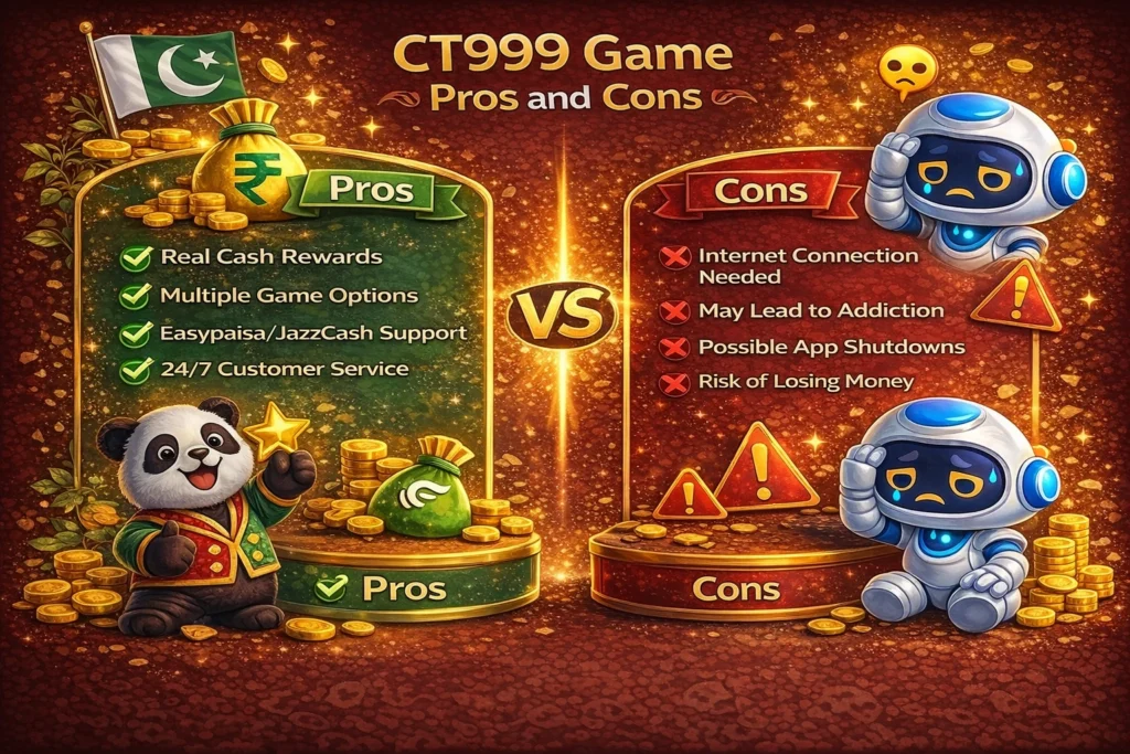 CT999 Game pros and cons infographic showing advantages like rewards and support, and disadvantages like internet dependency and risk